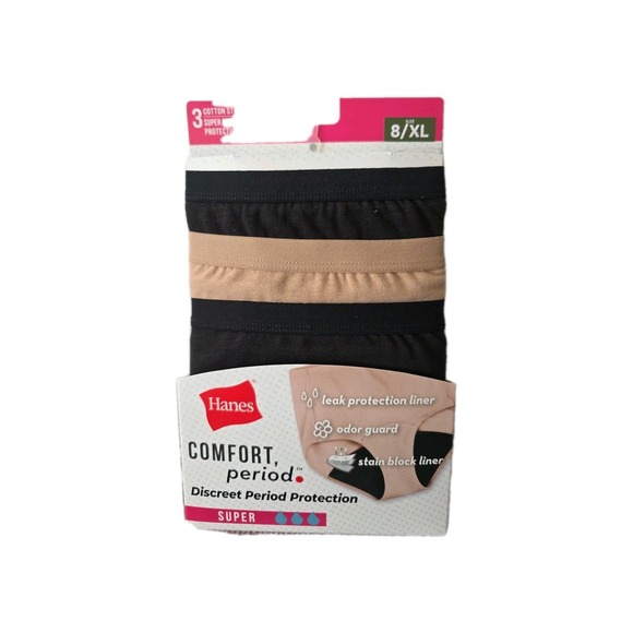 Hanes Period Underwear Super Absorbency Women Cotton Briefs 3 Pack Size 8 XL - Picture 2 of 3